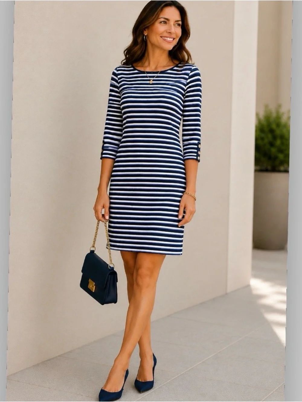 Talbots Petites Striped Jersey Shift Dress Boat Neck 3/4 Sleeve Stretch LP Blue